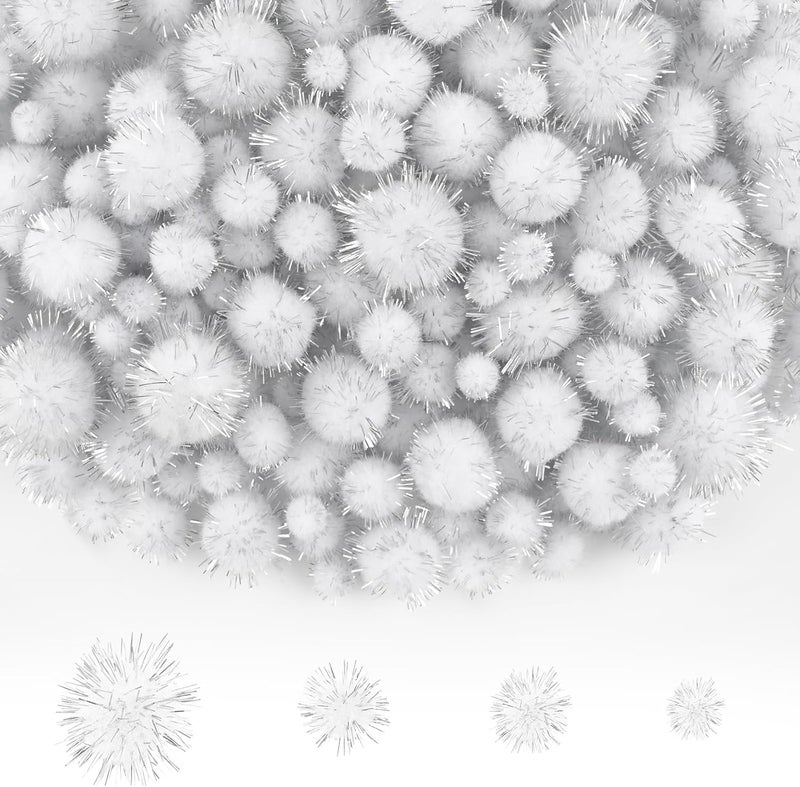 NACHLYNN 1000 Glitter Pom Poms Bulk 4 Sizes Assorted Soft Fluffy Pom Poms for Crafts DlY Decorations Activities with A Storage Bag (White) - Image 1